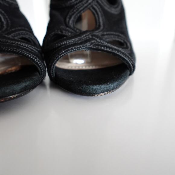 Prada Black Suede Cutout Tie-Back Ankle Peep Toe Stiletto Sandals - Picture 7 of 16